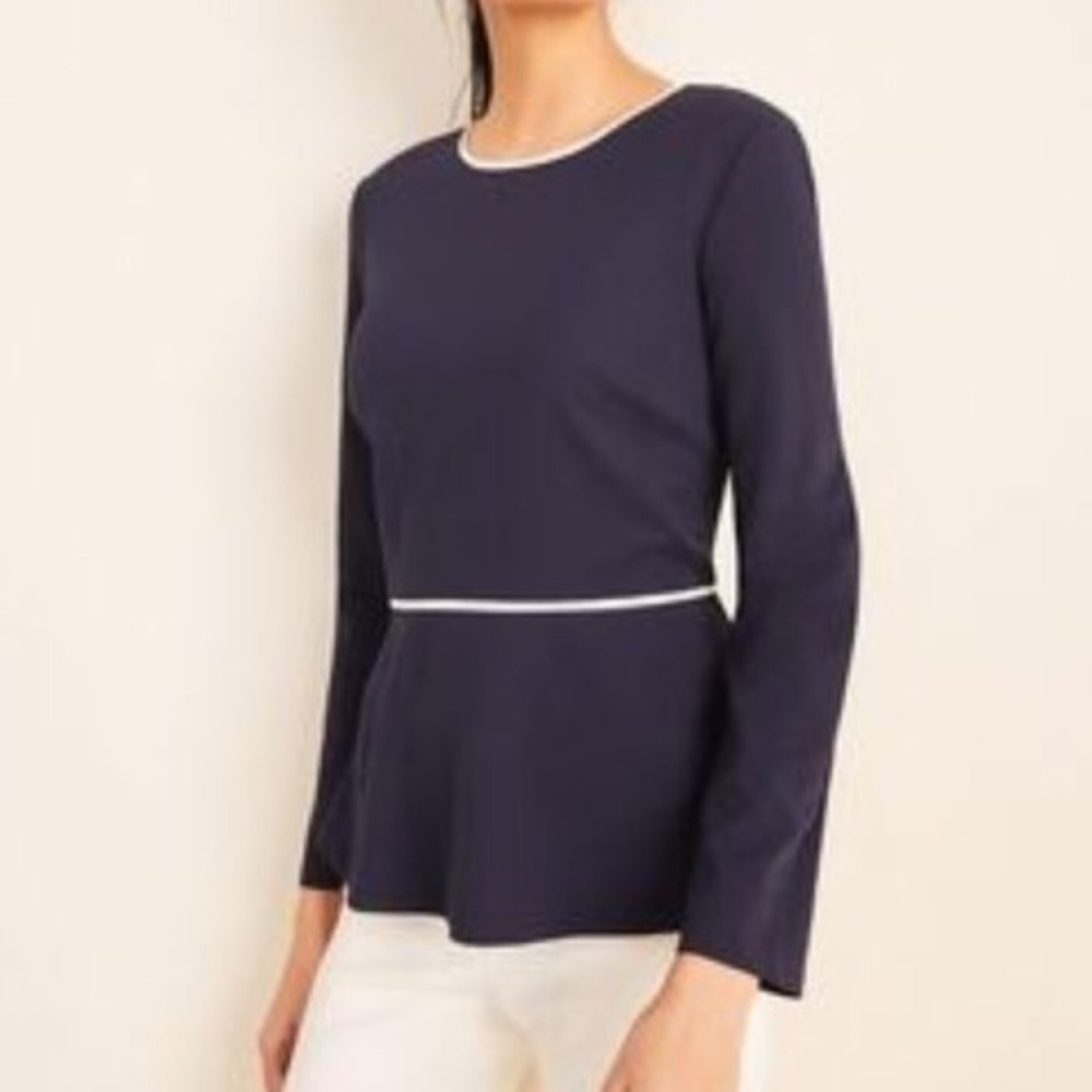 NWT Ann Taylor Navy Peplum Blouse w/White Piping
